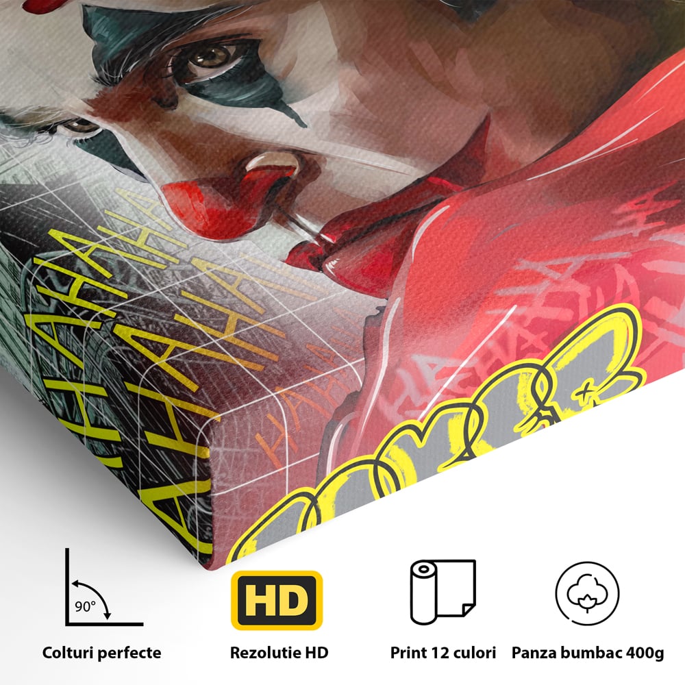 Detaliu al suprafetei: tablou canvas cu portret joker, fara rama, pe sasiu de lemn